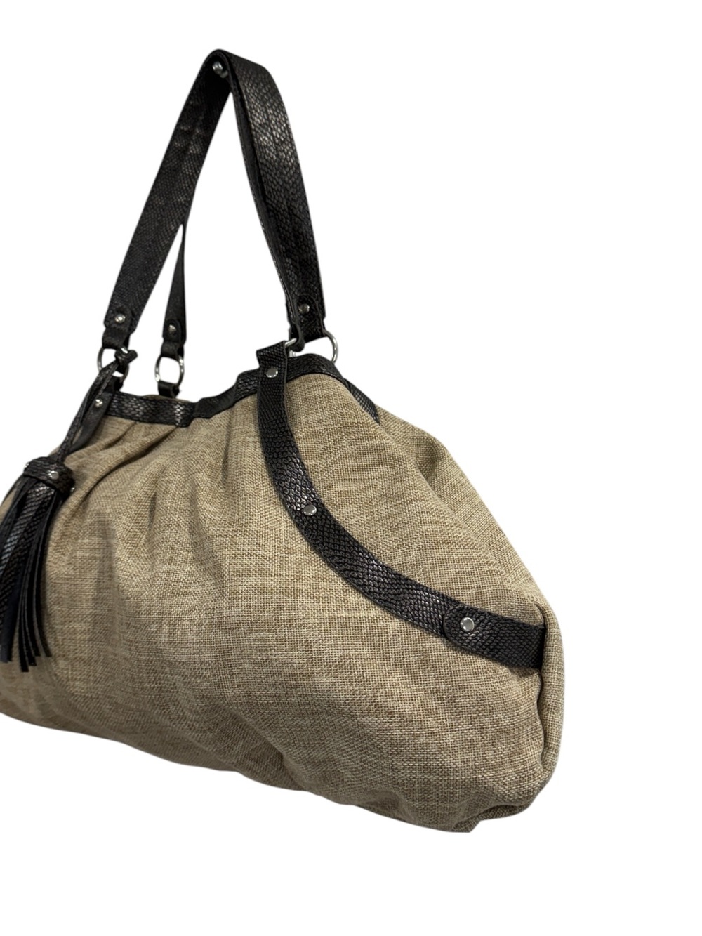 Usher Soft Burlap Textured Vegan Leather Straps Accents Hobo Bag Purse - Picture 5 of 13